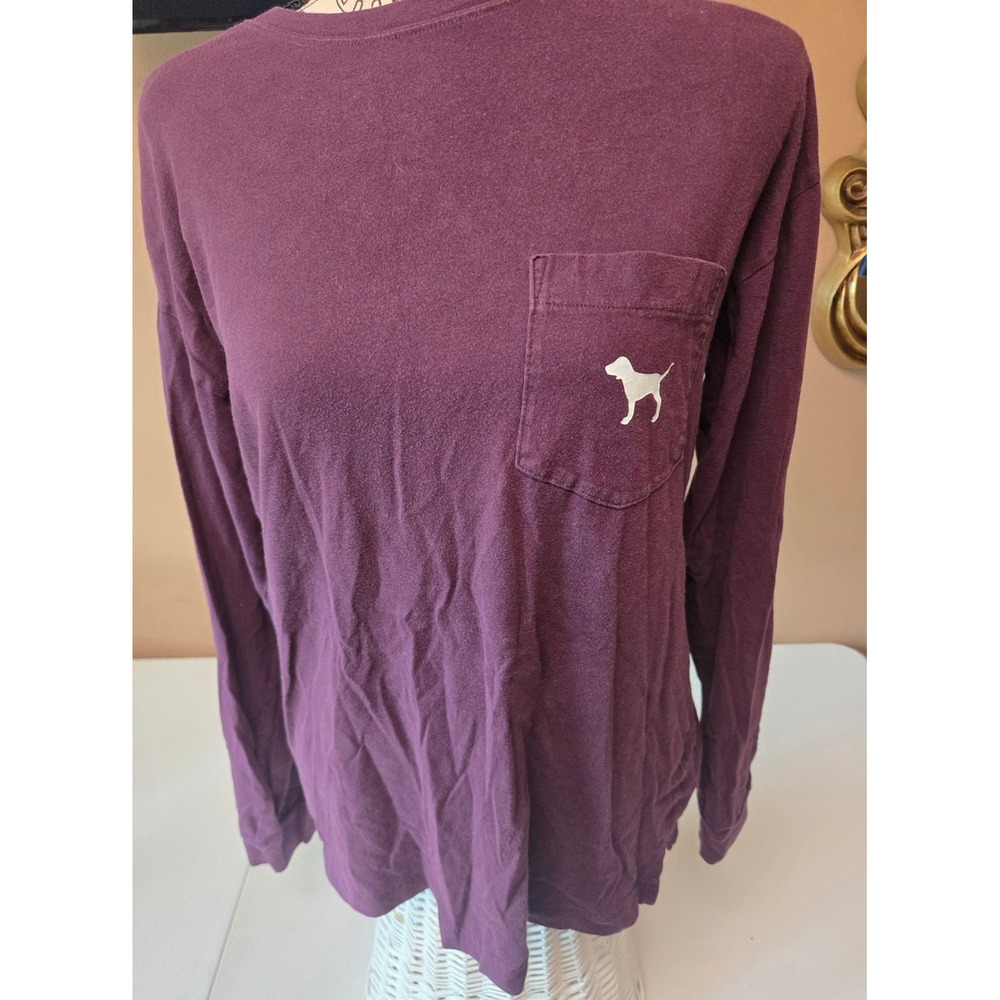 Victoria's Secret PINK XS Burgundy Long Sleeve Pocket Tee Dog Logo Varsity